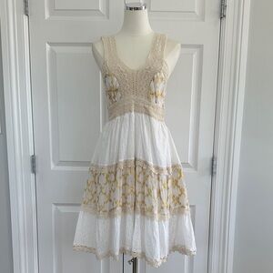 NWT Shira Boho Chic White Crochet Smocked Gold Beach Cover-up Dress Free Size
